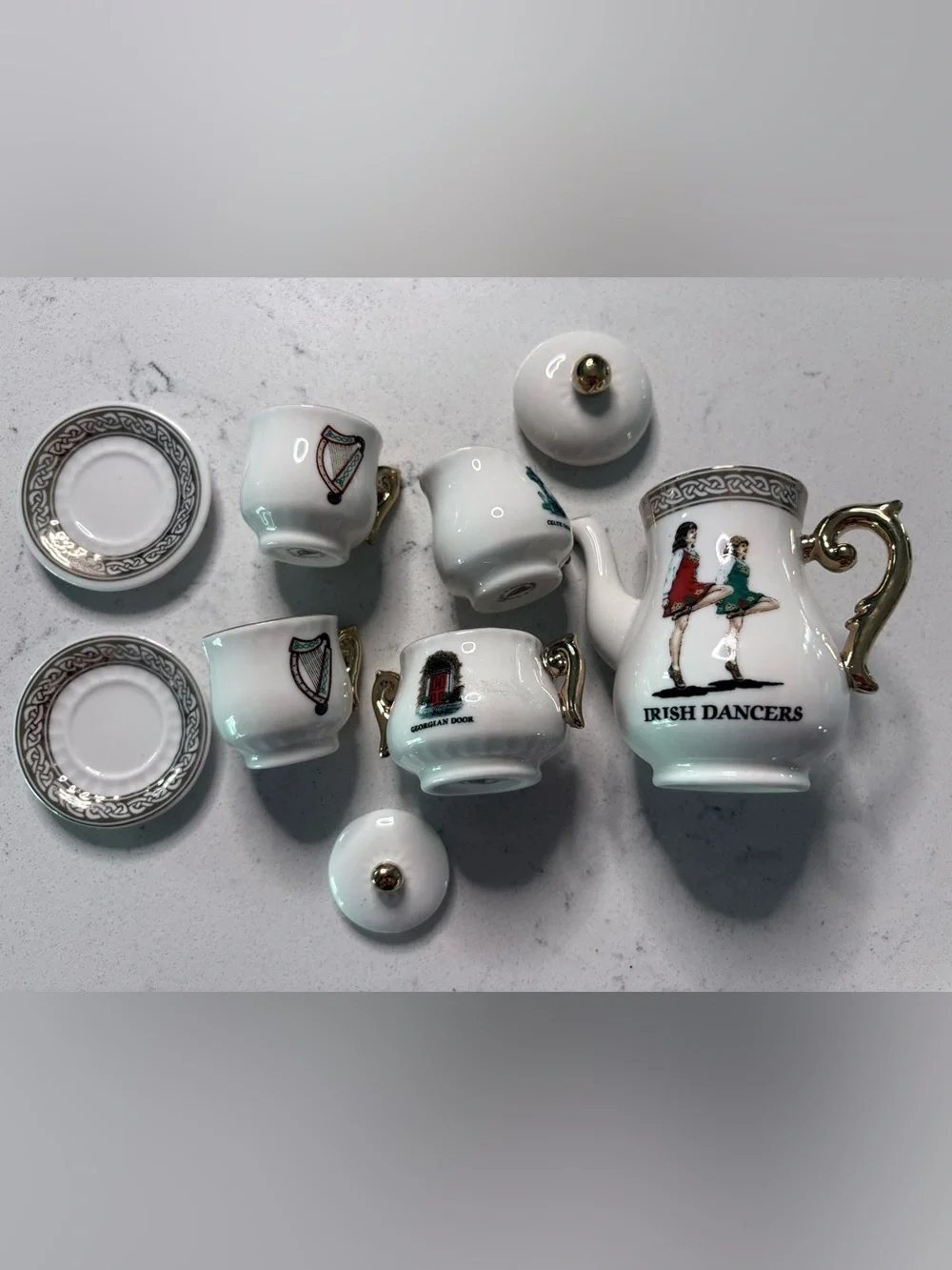 Iconic Ireland Irish Dancers White Porcelain Miniature Tea Set handpainted